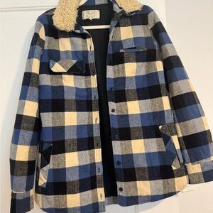 Zara Blue and Cream Checkered Jacket with Fleece Collar